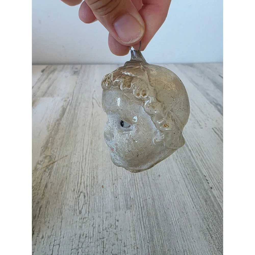 Antique head child milk glass eyes mercury glass ornament Xmas tree